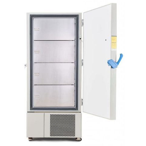 Open white ULT scientific freezer revealing four stainless steel internal doors and a blue handle on the main door.
