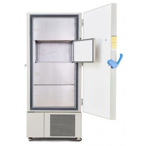 Open Holland Green Science Preseva Pagoma lab freezer, revealing multiple stainless steel internal compartments.