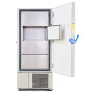 Open Holland Green Science Preseva Pagoma lab freezer, revealing multiple stainless steel internal compartments.