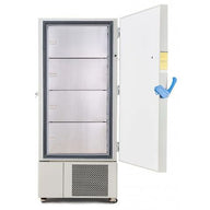 Open white ULT scientific freezer revealing four stainless steel internal doors and a blue handle on the main door.