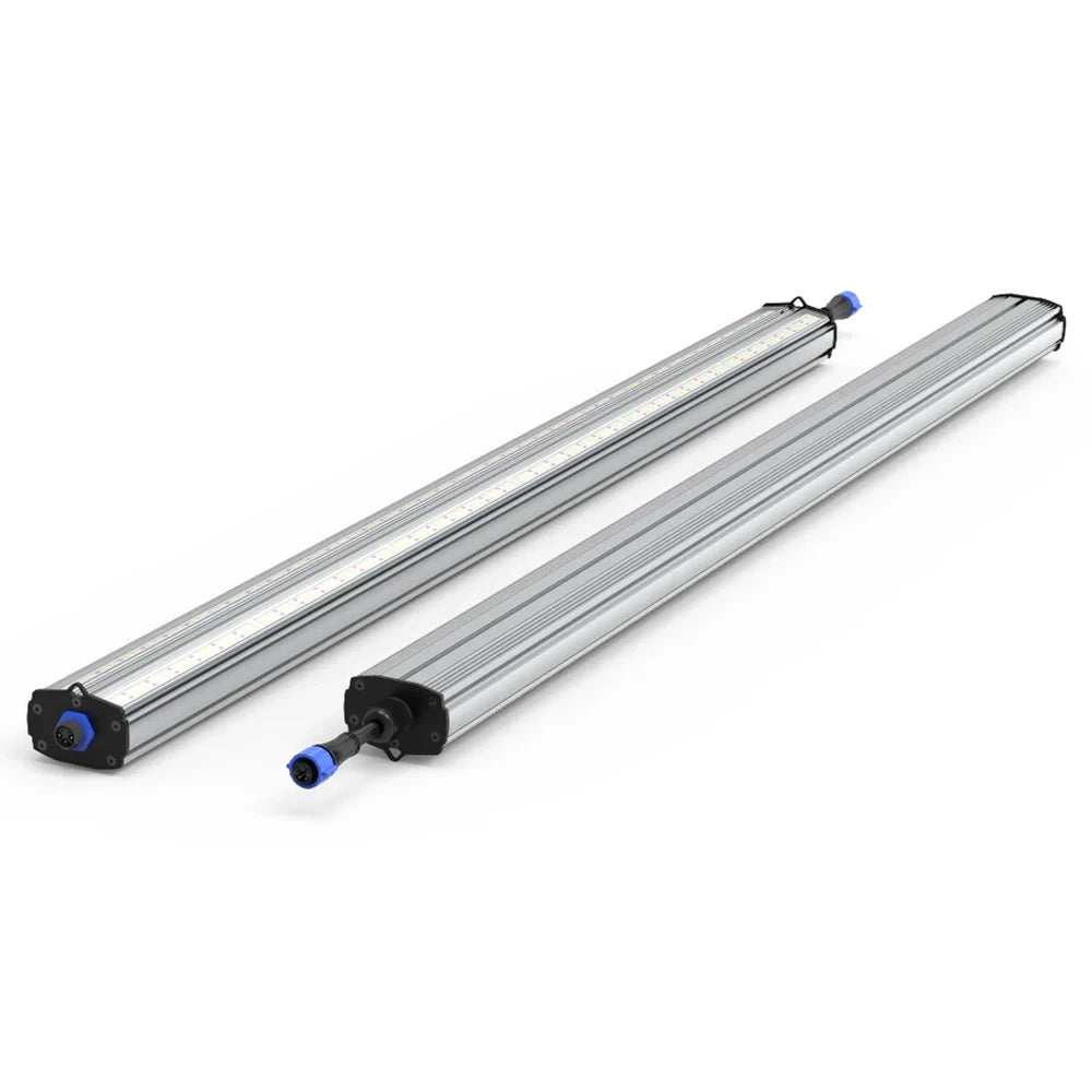 Two silver linear HortiBloom SubFlux 120W Under Canopy LED grow lights, with visible LEDs & blue connectors.
