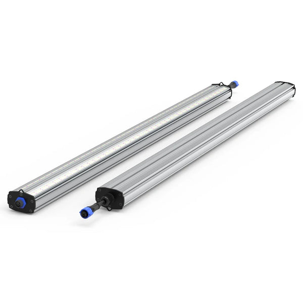 Two silver linear HortiBloom SubFlux 120W Under Canopy LED grow lights, with visible LEDs & blue connectors.