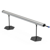 Silver linear 120W LED grow light bar with visible LEDs, on two black hexagonal stands. For under canopy.