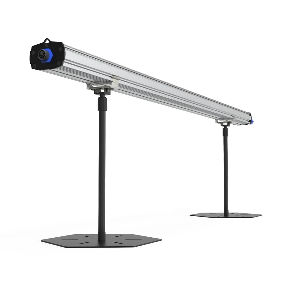 HortiBloom SubFlux 120W LED Grow Light Bar on two black stands with hexagonal bases, for under canopy use.