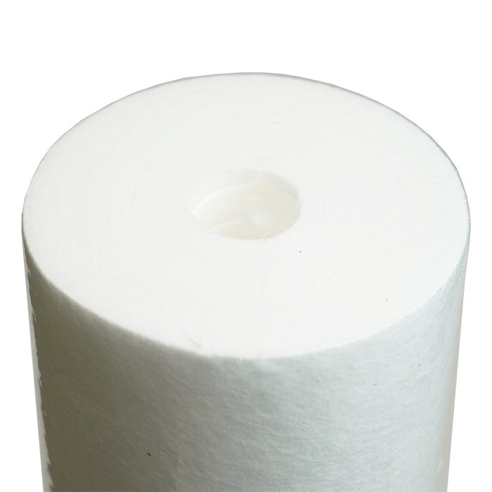 Close-up of a white, cylindrical HydroLogic 5-micron sediment filter cartridge with a circular opening in the center.