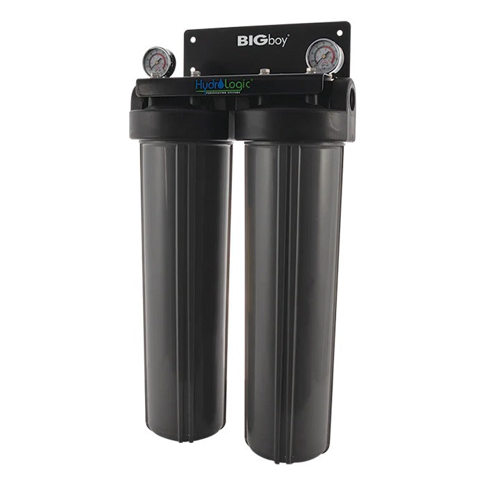 HydroLogic BIGboy dual water filter with KDF85 & carbon, featuring pressure gauges.