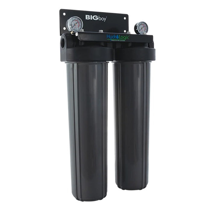 HydroLogic BIGboy water filter with two dark gray filter housings and pressure gauges.