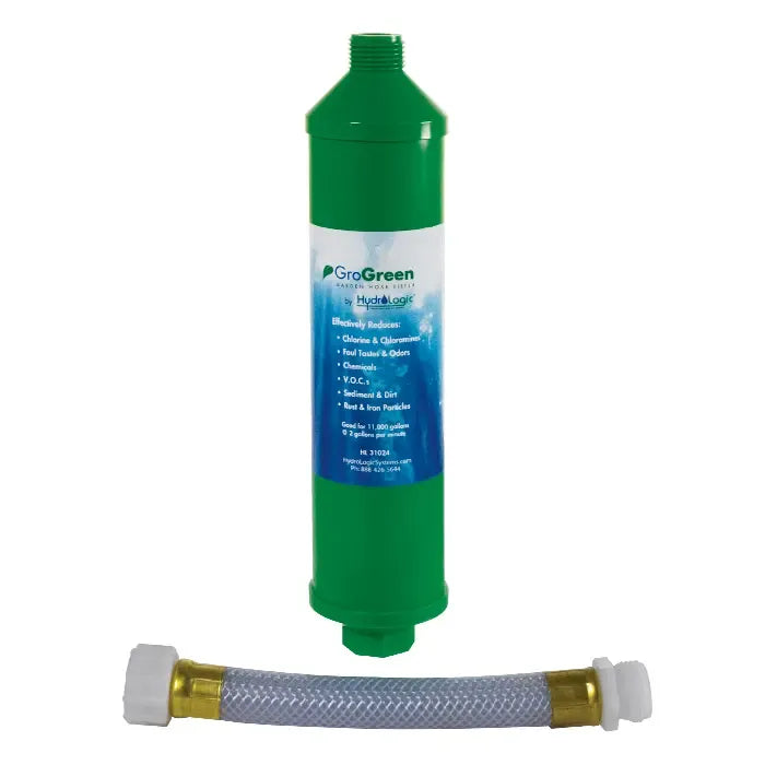 HydroLogic GroGreen water filter with hose, reduces chlorine, odors, VOCs, sediment, rust & iron.