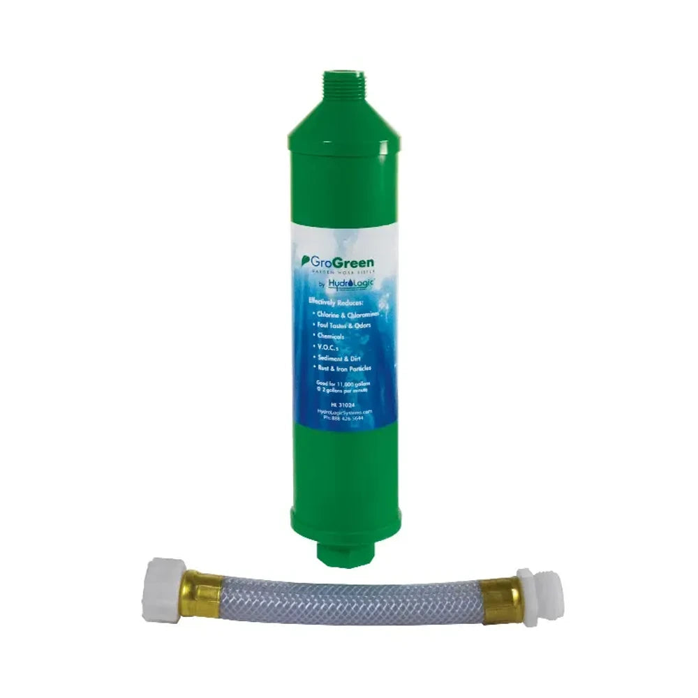 HydroLogic GroGreen water filter with hose, reduces chlorine, odors, VOCs, sediment, rust & iron.