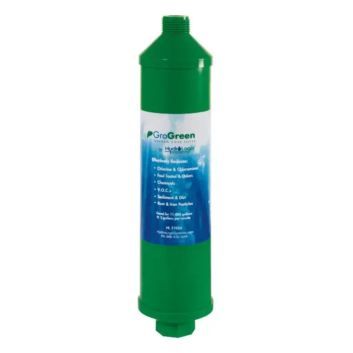 Green GroGreen garden hose water filter by HydroLogic, reduces chlorine, sediment, and VOCs.