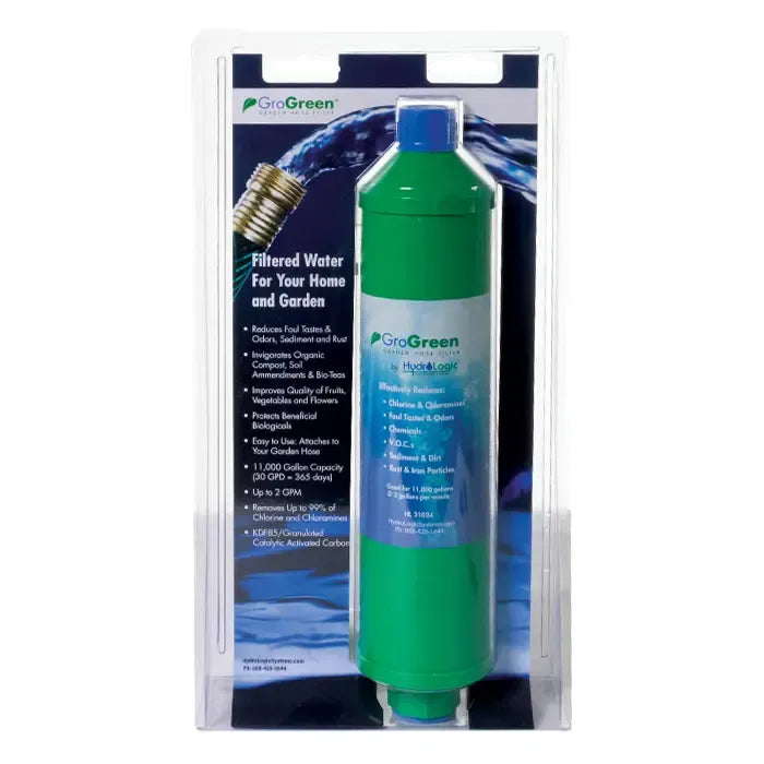 GroGreen by HydroLogic garden hose filter in packaging, removes 99% of chlorine.