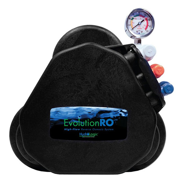 HydroLogic Evolution RO water system with pressure gauge and color-coded connectors.