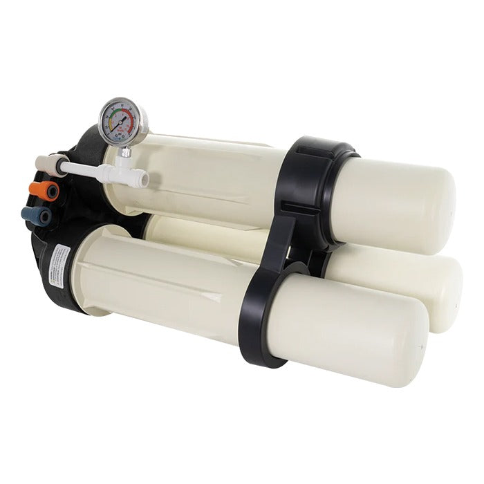HydroLogic 1200 GPD RO system with three large filter housings, pressure gauge, and black plastic straps.