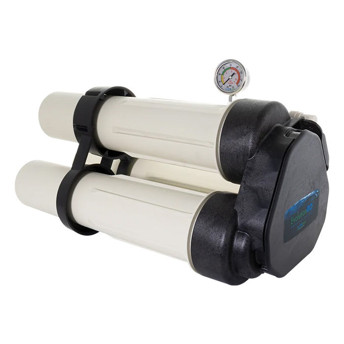 HydroLogic RO system with dual white membrane filters and pressure gauge.