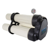 HydroLogic RO system with dual white membrane filters and pressure gauge.
