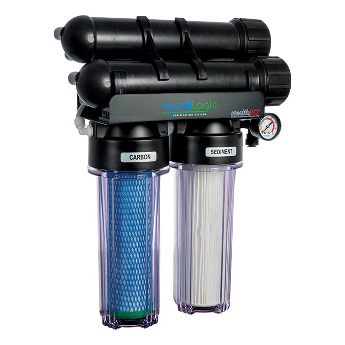 HydroLogic Stealth-RO 300 GPD water filter with carbon and sediment filters, and a pressure gauge.