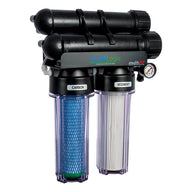 HydroLogic Stealth-RO 300 GPD water filter with carbon and sediment filters, and a pressure gauge.