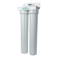 HydroLogic TALLBoy dual water filter system: two white filter housings with fluted exteriors mounted on a white bracket.