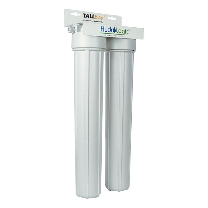 White dual HydroLogic Tallboy water filter system with "TallBoy" and "HydroLogic" branding.