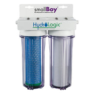HydroLogic smallBoy KDF85/carbon water filter system with clear filter housings and blue sediment filter.