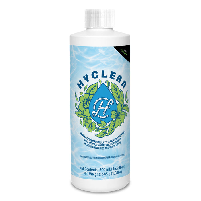 Hyclean 500ml bottle with a blue water wave background and green floral logo.