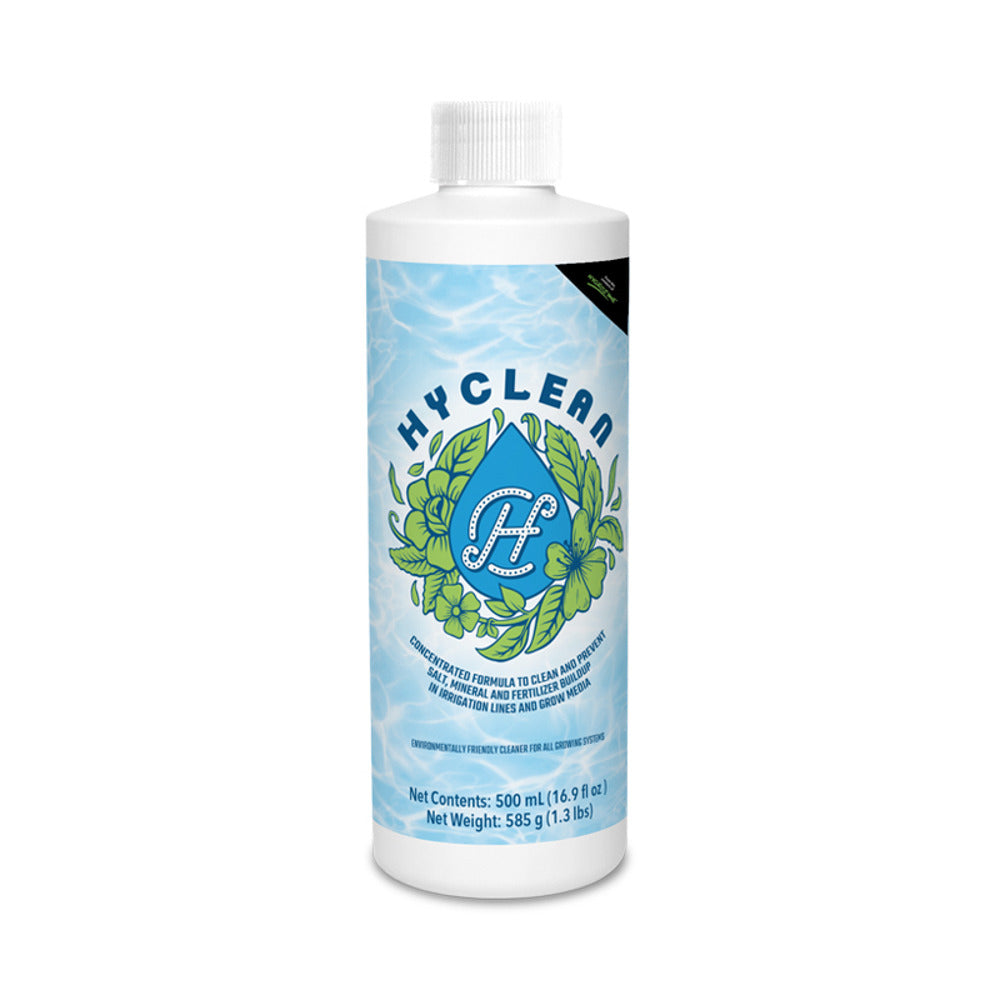 Hyclean 500ml bottle with a blue water wave background and green floral logo.