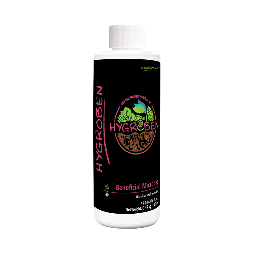 Hygrozyme HYGROBEN microbial root inoculant bottle with beneficial microbes and plant logo.