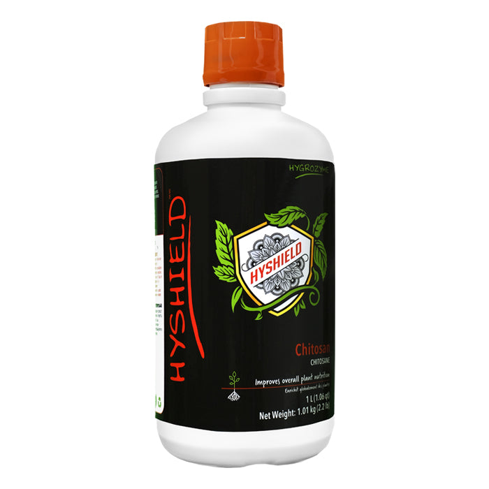 Hygrozyme HYSHIELD bottle with orange cap and black label featuring green vines and "Hyshield" logo.