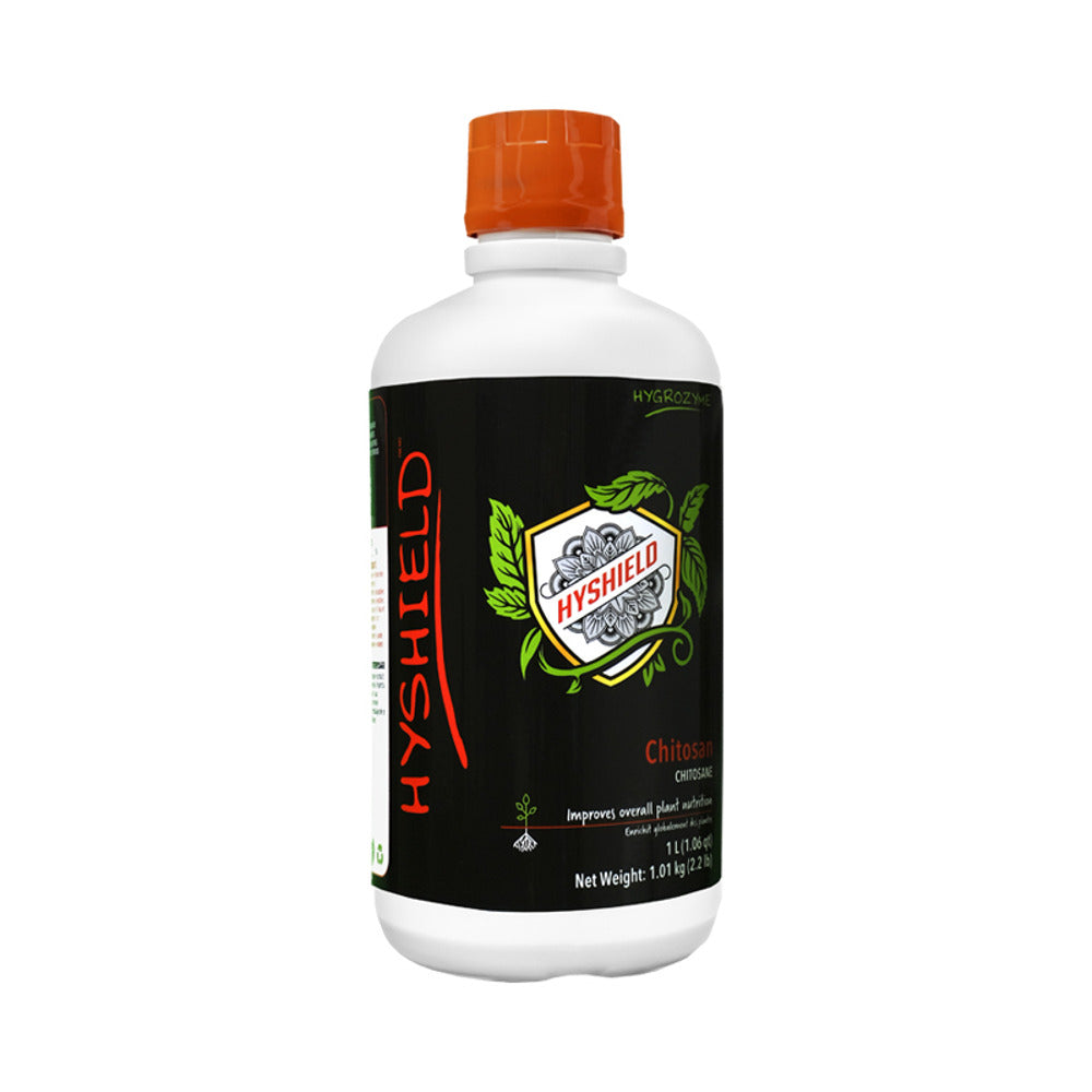 Hygrozyme HYSHIELD bottle with orange cap and black label featuring green vines and "Hyshield" logo.