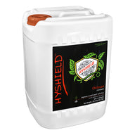 White 20L jug of Hysheild Chitosan plant nutrient with black label, green leaves, and logo.