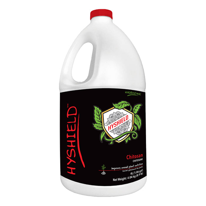 Hygrozyme Hyshield Chitosan 4L bottle, red cap, green leaves, white shield logo, black label.