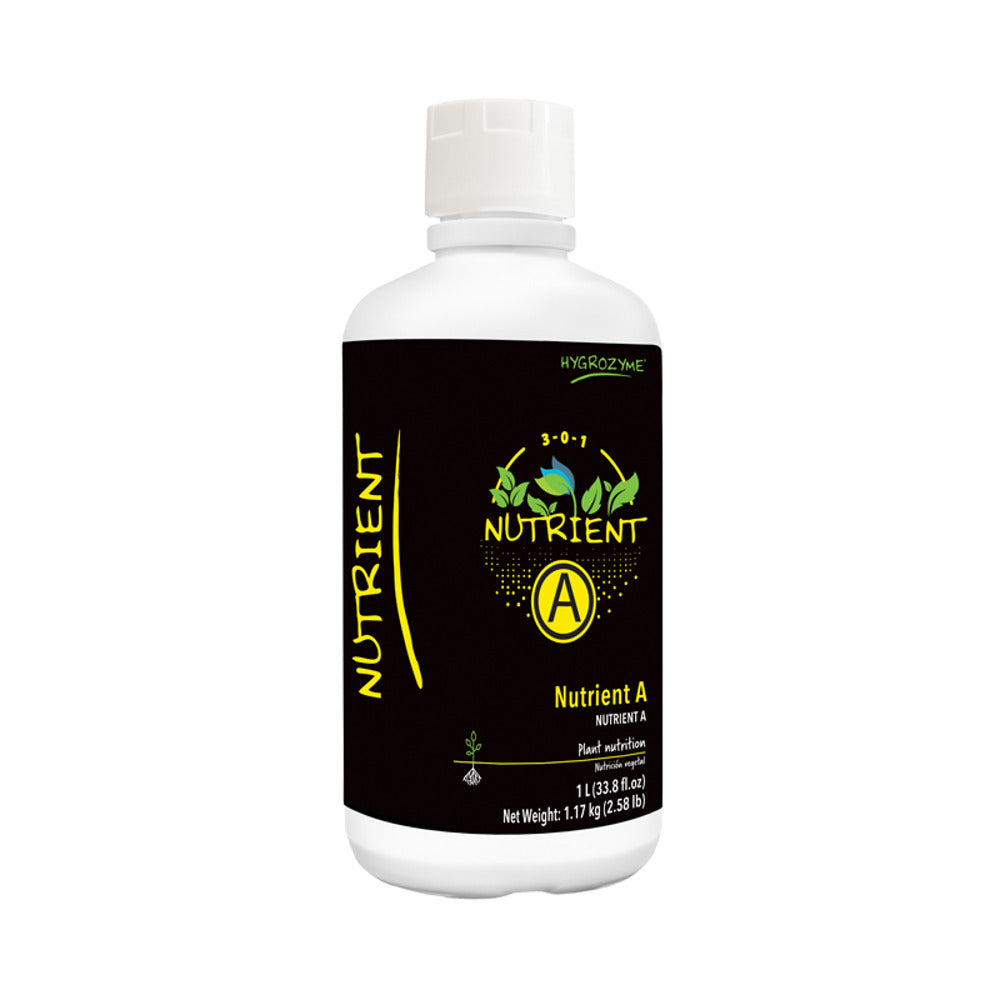 Hygrozyme Nutrient A 1L bottle with black label featuring yellow text and a circular "A" logo.