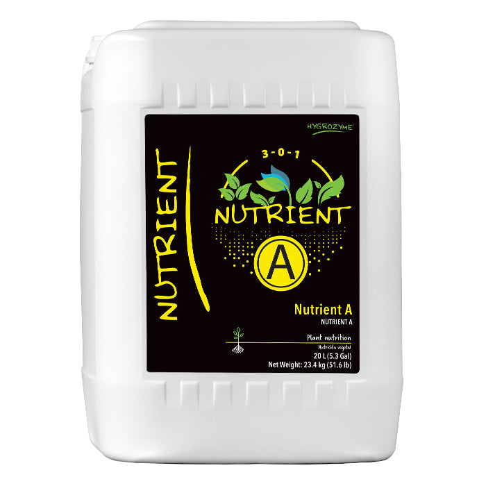 White plastic jug with black label, "Nutrient A" by Hygrozyme.
