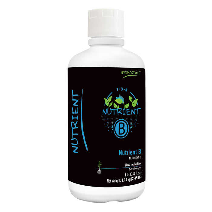 Hygrozyme Nutrient B bottle with black label, blue text, and green leaf logo. 1L size.