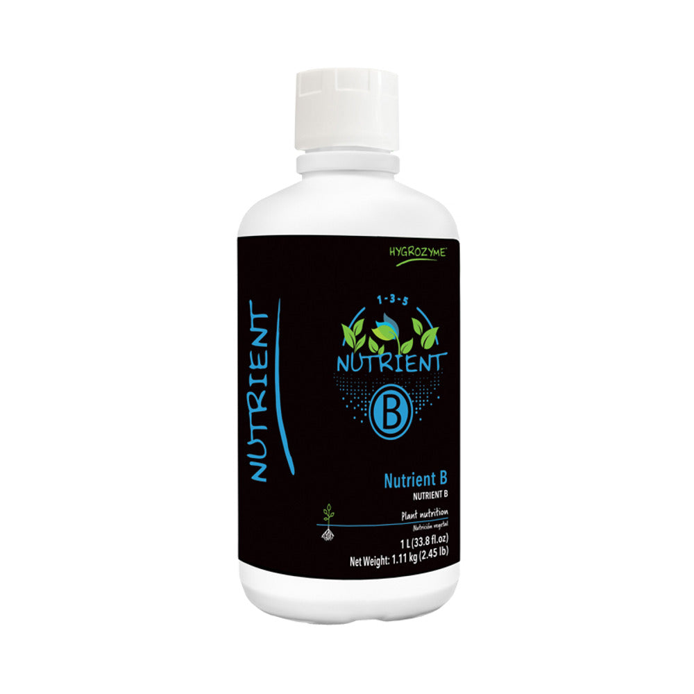 Hygrozyme Nutrient B bottle with black label, blue text, and green leaf logo. 1L size.