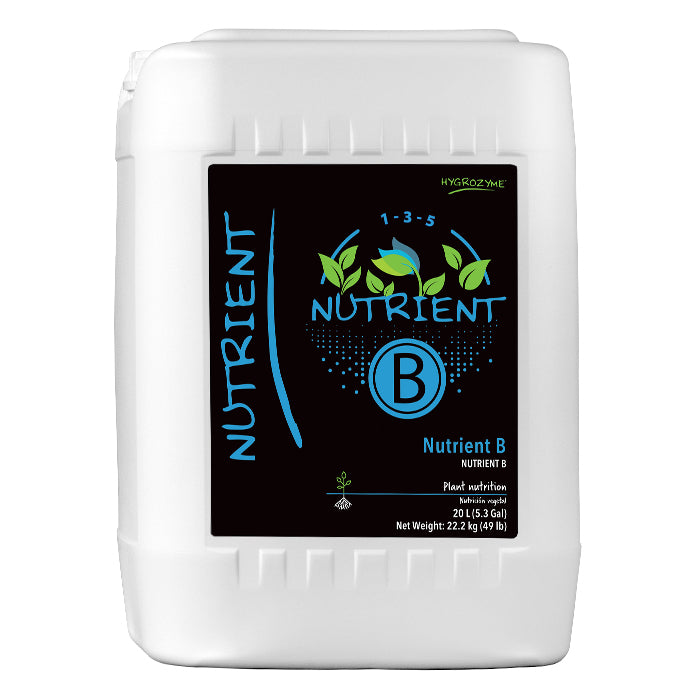 White jug of Hygrozyme Nutrient B, 20L, with black label featuring "Nutrient B" and plant graphics.
