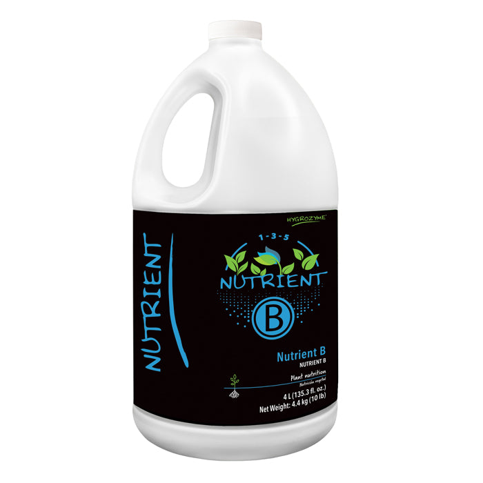 Hygrozyme Liquid Nutrient B 4L bottle with black label and blue text "NUTRIENT B" logo.