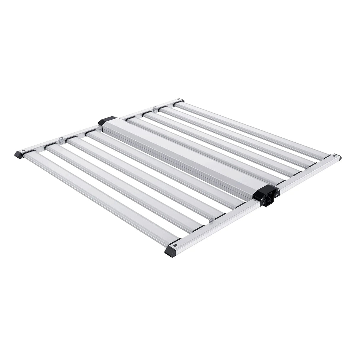 Silver rectangular LED grow light with aluminum bars, black frame connectors, and a central driver unit.