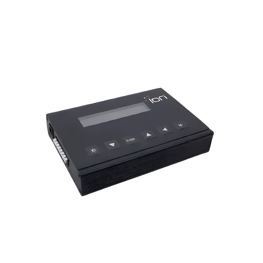 Black rectangular ION LED 110-240V controller with LCD screen, control buttons, and connection terminals.
