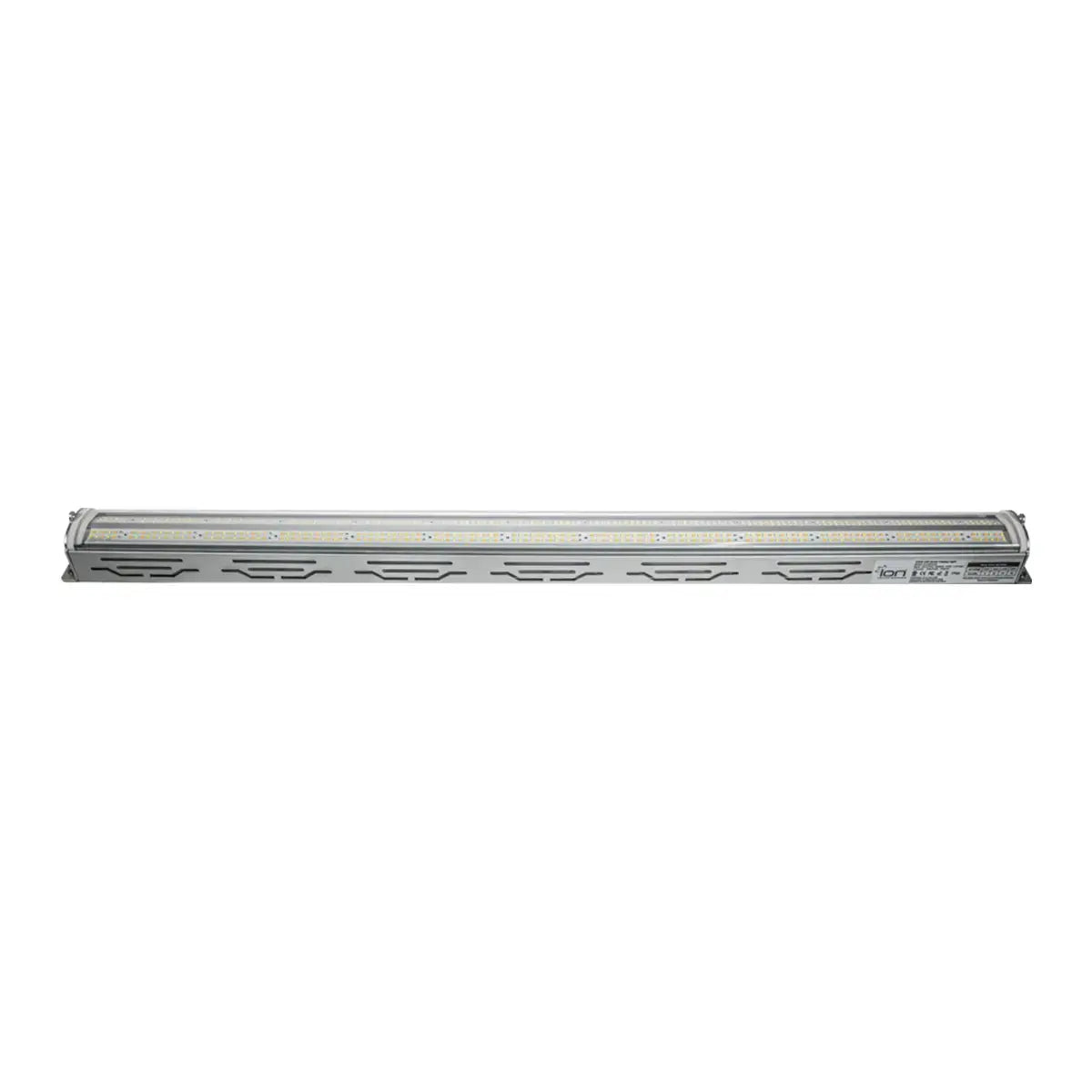 ION LED 135W Full Spectrum Under Canopy Grow Light, silver bar, visible white LEDs, side view.