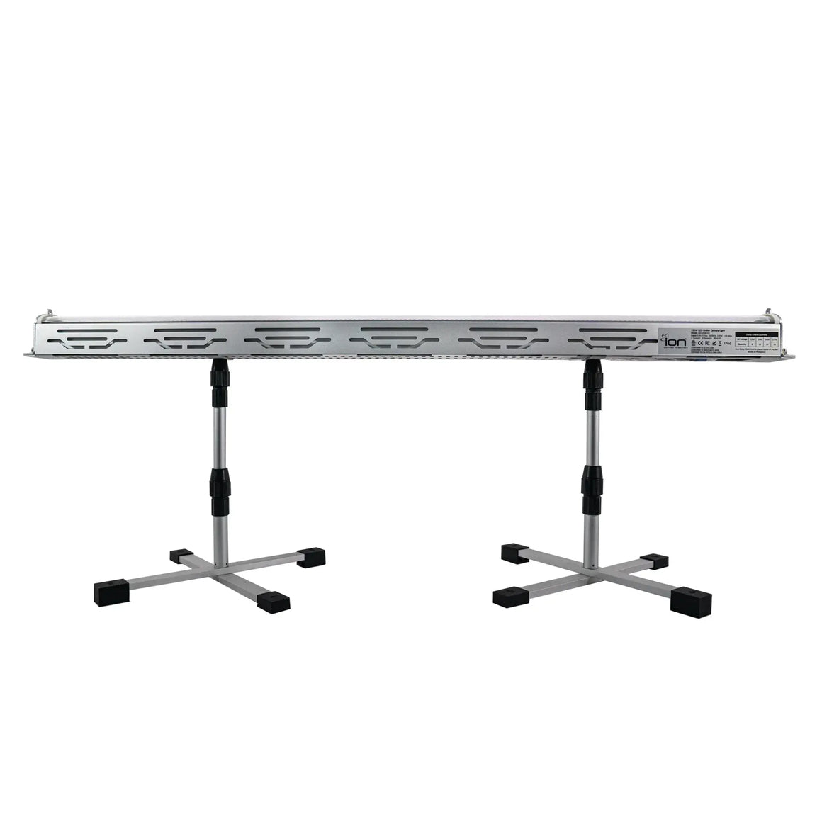 Silver 'Ion' LED under-canopy grow light on two adjustable tripod stands with X-shaped bases.