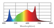 Spectrogram of a 135W grow light showing blue, green, yellow, orange, and red wavelengths peaking around 450nm and 660nm.