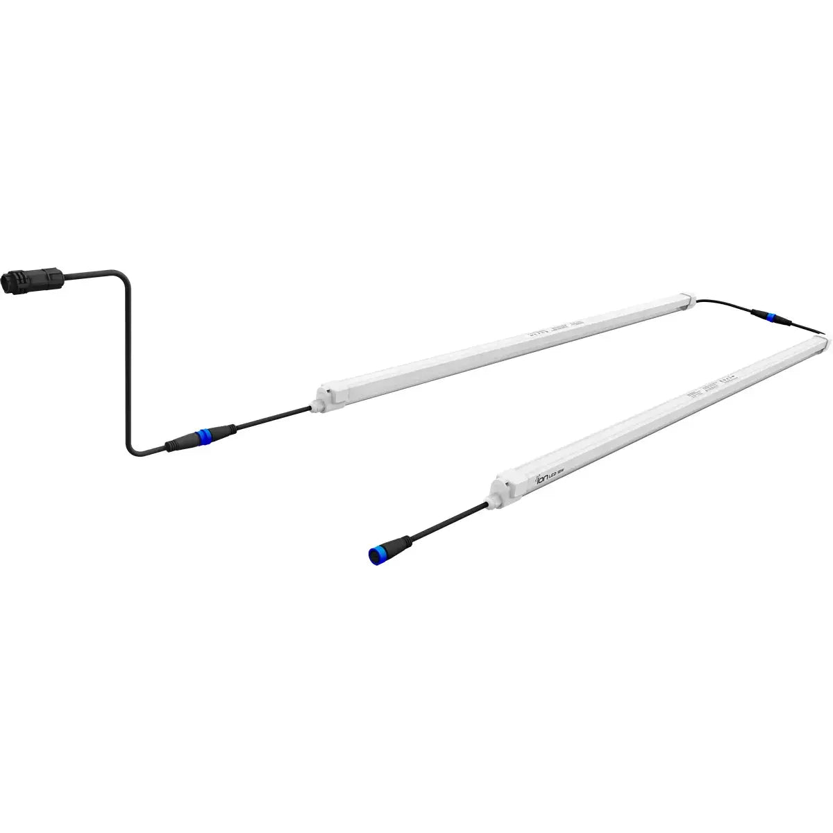 Two white IonLED linear LED light bars connected by black cables with blue tips, angled on a white background.