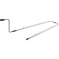 Two white IonLED linear LED light bars connected by black cables with blue tips, angled on a white background.