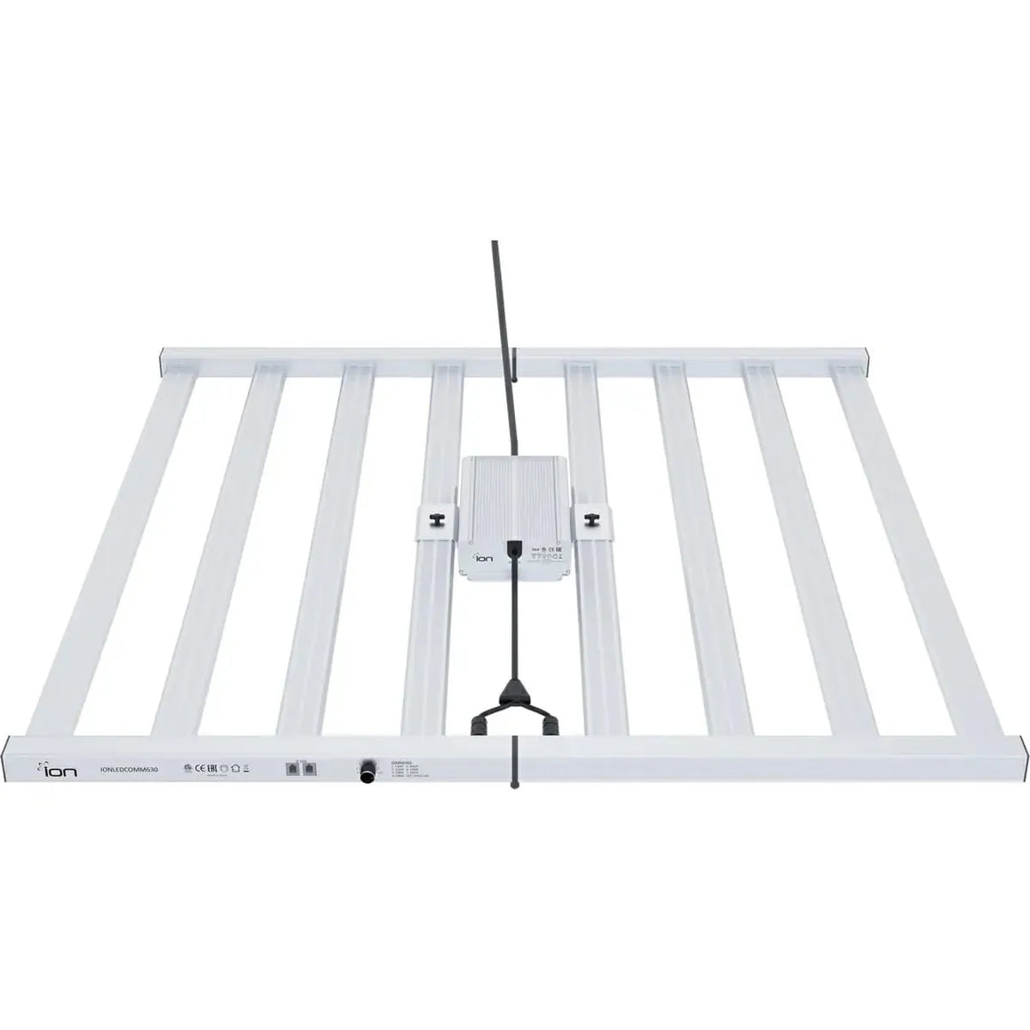 Back view of a white ION LED grow light. Rectangular, with 6 parallel light bars and a central driver.