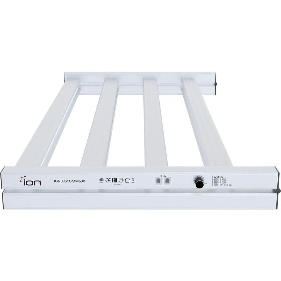 IONLEDCOMM630 630W full spectrum LED grow light. White fixture with four light bars, dimming dial, and 0-10V ports.