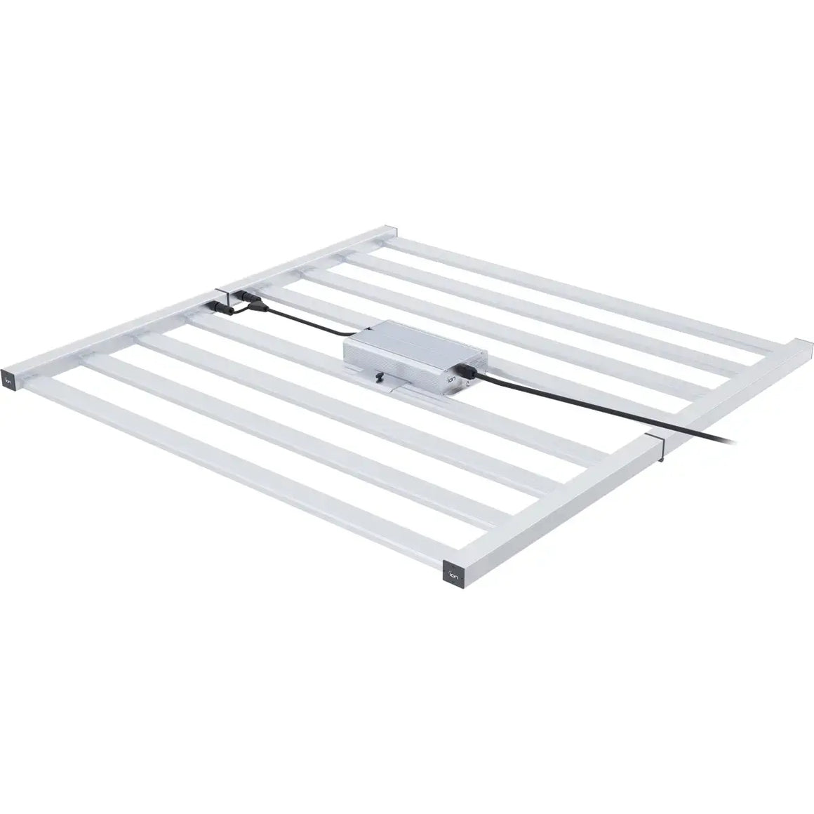 White ION LED 630W full spectrum grow light, featuring a bar-style frame, central silver driver box, and black cables.