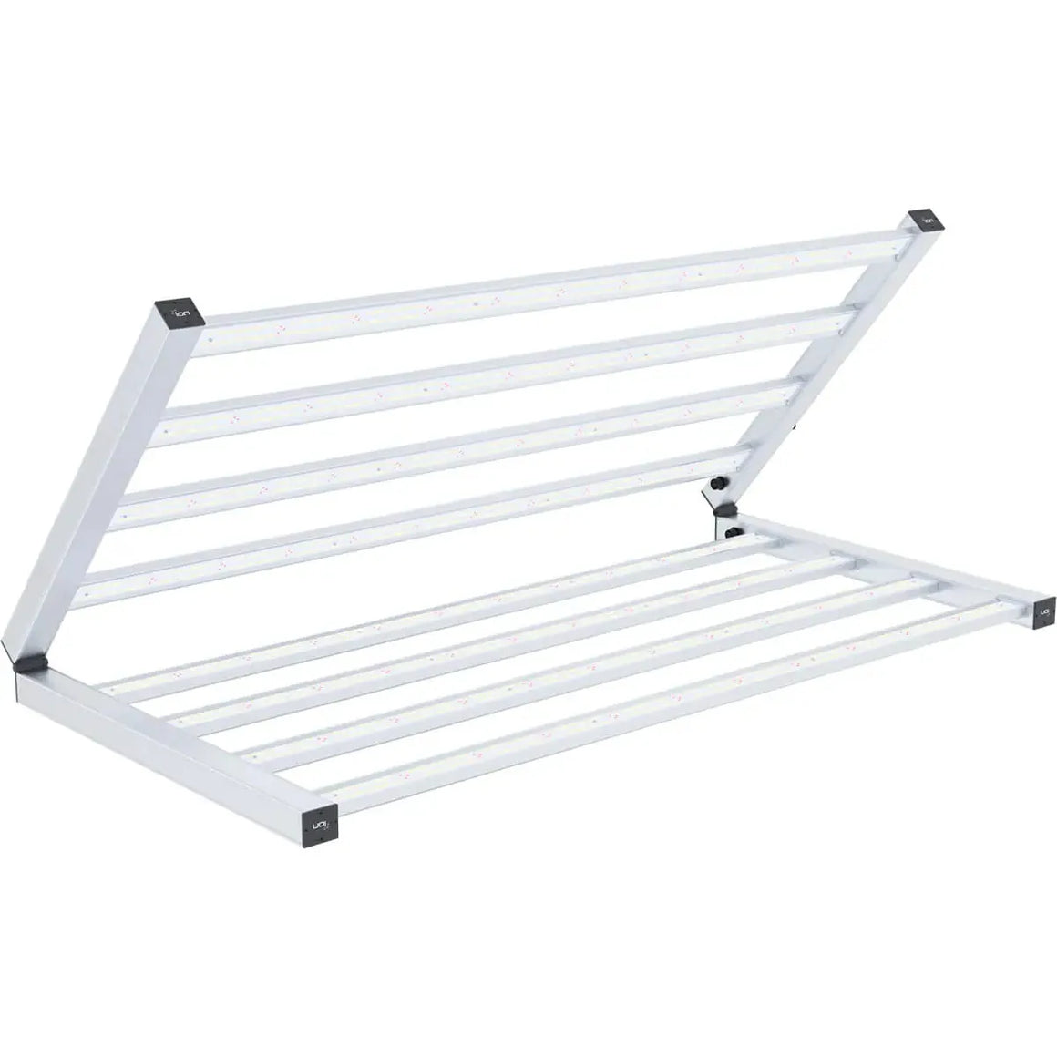 White ION 630W LED grow light, partially folded, featuring multiple illuminated bars against a clean white background.