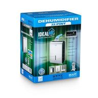 IdealAir 22 pint dehumidifier box. White appliance shown, blue box with green background.