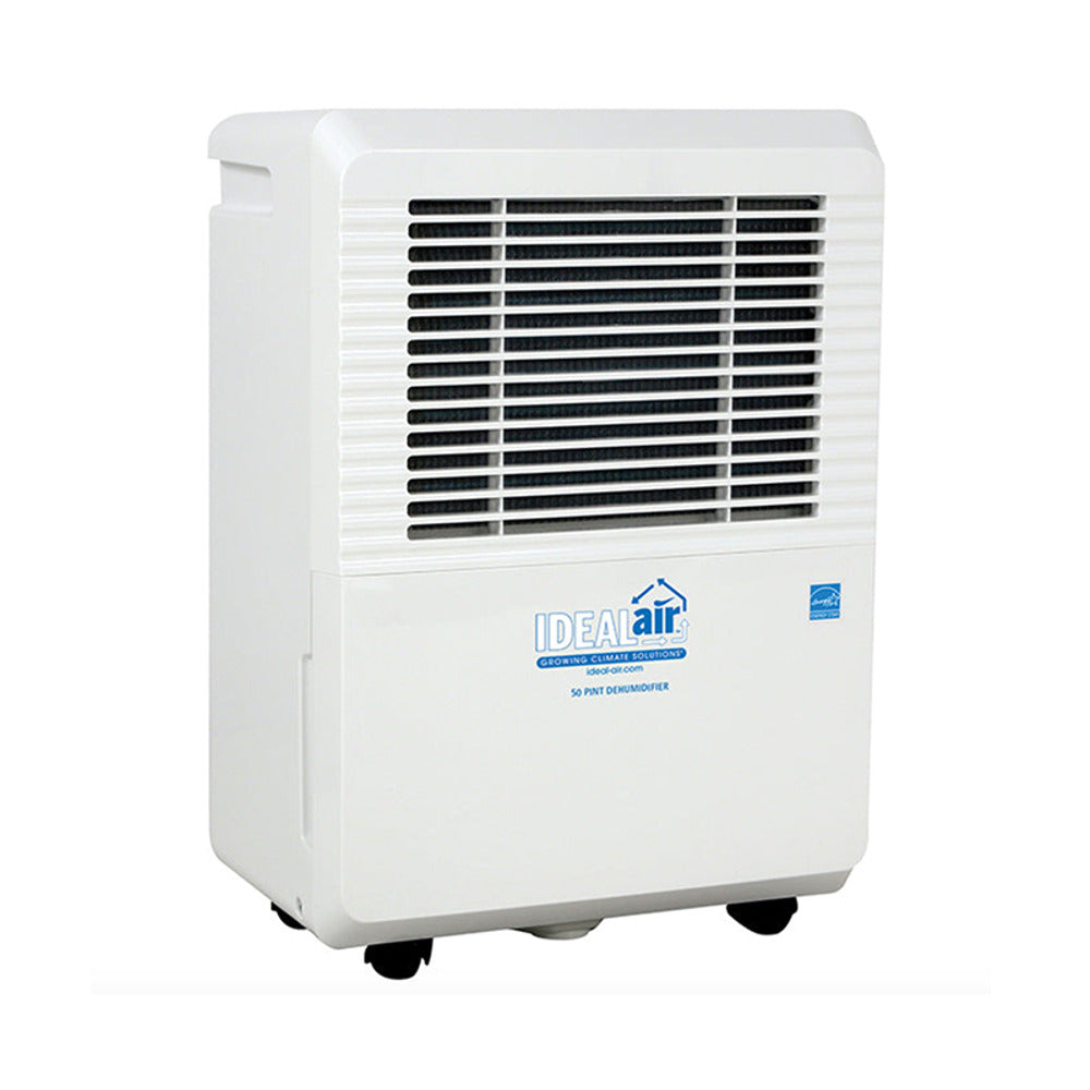 White Ideal Air 50 pint dehumidifier with front grille and logo on white background.